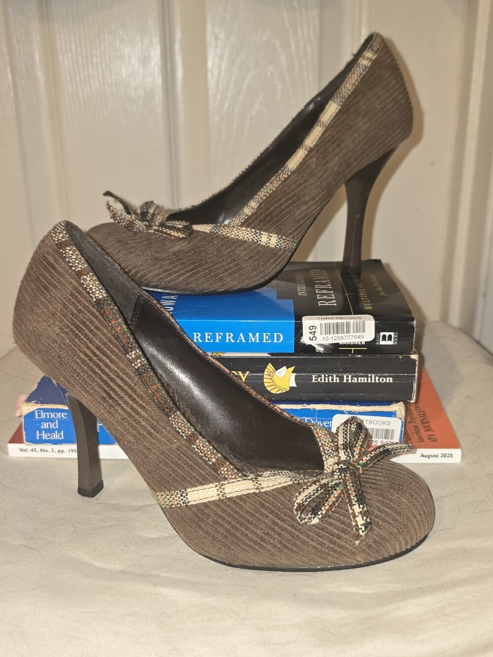 Charlotte Russe Brown Corduroy Plaid Bow Stiletto Pumps Heels Y2K Size 6